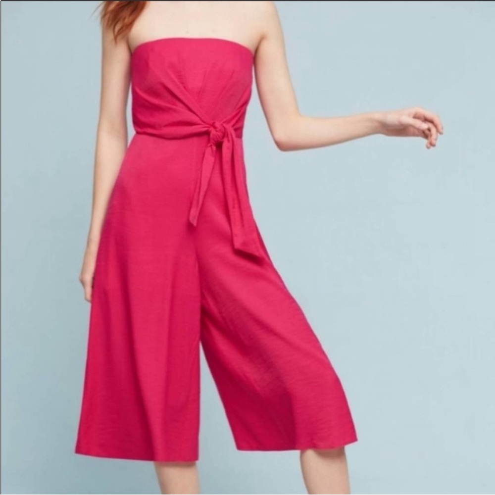 Anthropologie Maeve Womens Size 4 Pink Brin Strapless Cropped Tie Front Jumpsuit